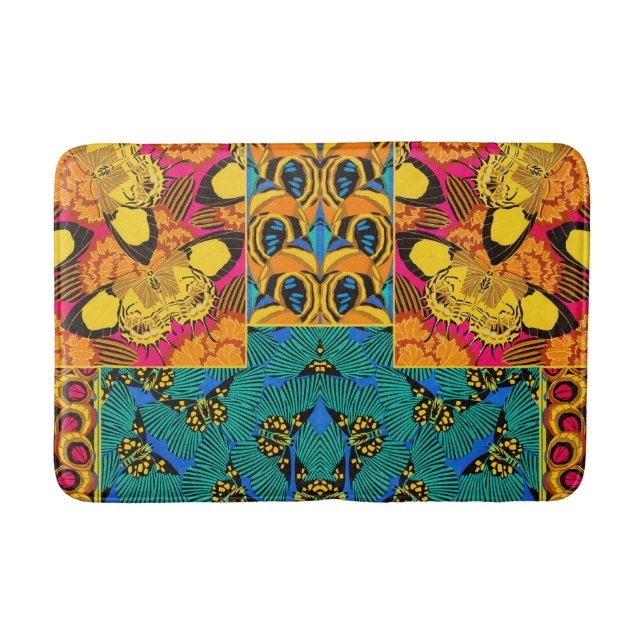 Vibrant Maximalist Pink & Teal Butterfly Art Bath Mat (Front)