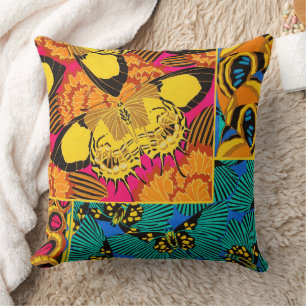 Vibrant Maximalist Pink & Teal Butterfly Art Cushion