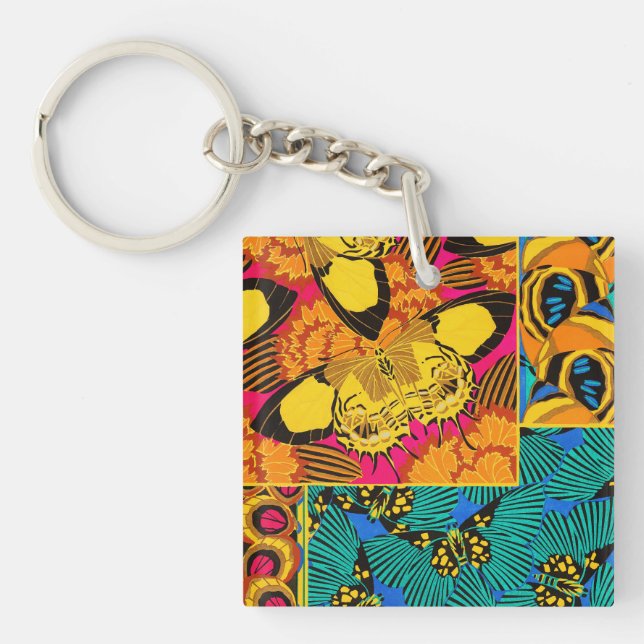 Vibrant Maximalist Pink & Teal Butterfly Art Key Ring (Front)