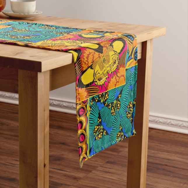 Vibrant Maximalist Pink & Teal Butterfly Art Long Table Runner (In Situ)