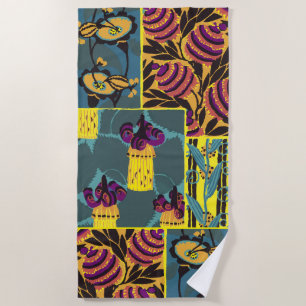 Vibrant Maximalist Purple & Teal Floral Print Beach Towel