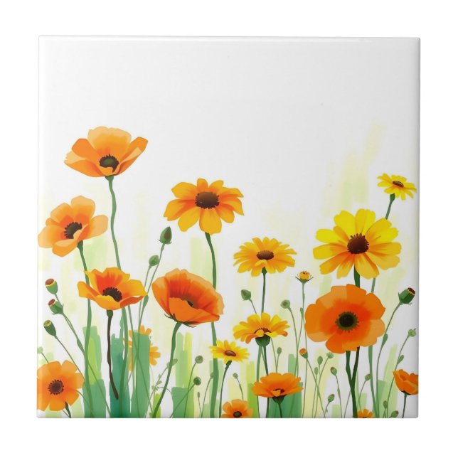 Vibrant Meadow Watercolor with Poppies Sunflowers Tile (Front)
