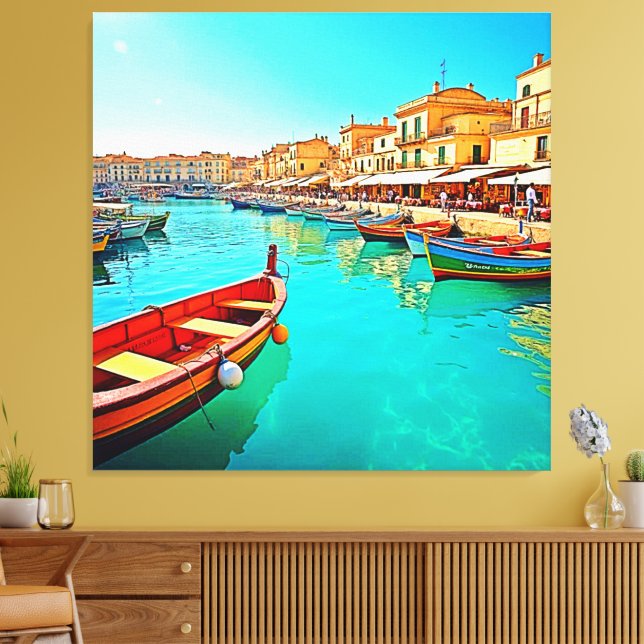 Vibrant Mediterranean Port Life Design Canvas Print (Insitu(LivingRoom))