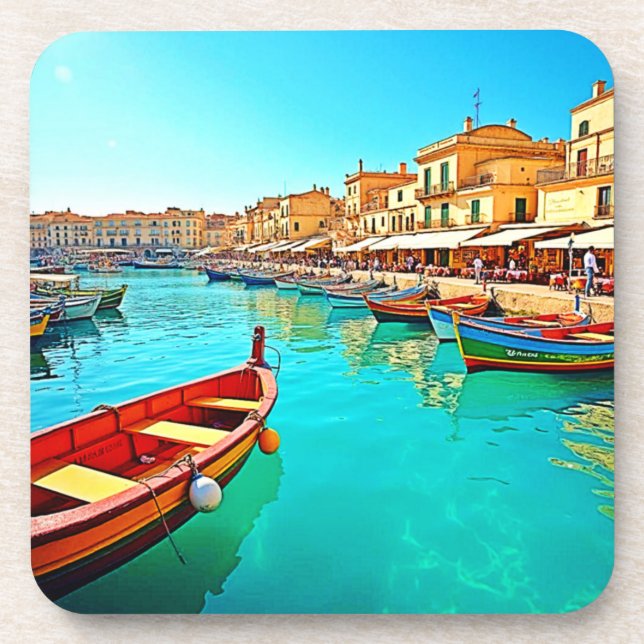 Vibrant Mediterranean Port Life Design Coaster (Front)