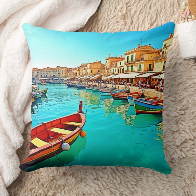 Vibrant Mediterranean Port Life Design Cushion (Blanket)