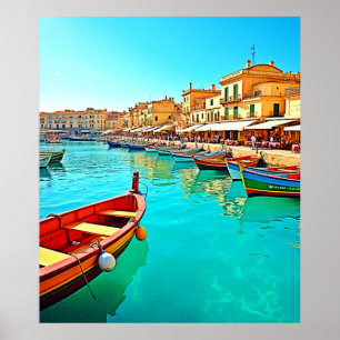 Vibrant Mediterranean Port Life Design Poster