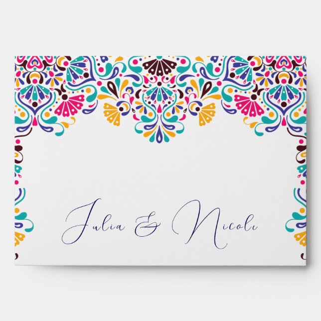 Vibrant Mexican Fiesta Style Rainbow Wedding Envelope (Front)