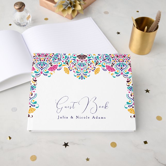Vibrant Mexican Fiesta Style Rainbow Wedding Guest Book (Front Open)