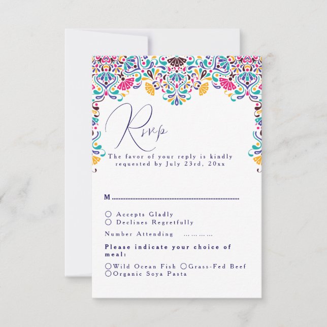 Vibrant Mexican Fiesta Style Rainbow Wedding RSVP Card (Front)