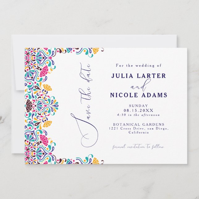 Vibrant Mexican Fiesta Style Rainbow Wedding Save The Date (Front)