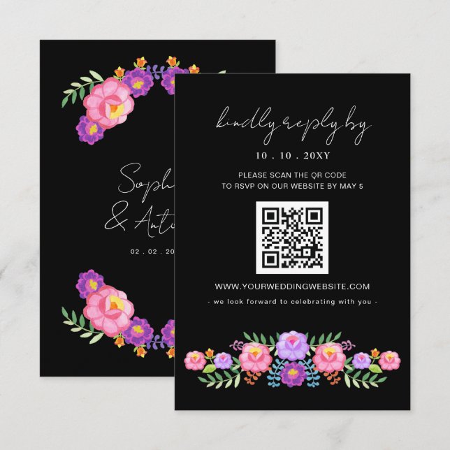 Vibrant Mexican Floral Fiesta Wedding QR code RSVP Card (Front/Back)
