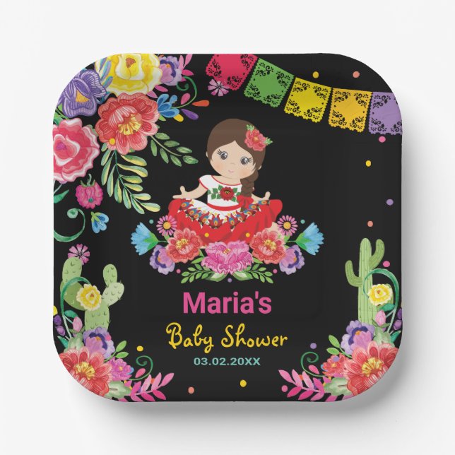 Vibrant Mexican Flowers Señorita Girl Baby Shower Paper Plate (Front)