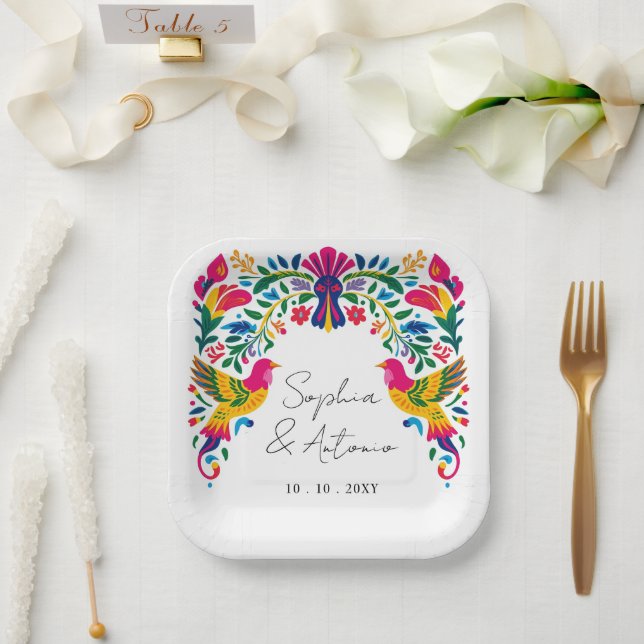 Vibrant Mexican Otomi Birds Floral Fiesta Wedding Paper Plate (Wedding)