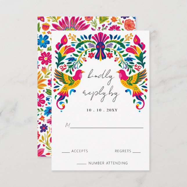 Vibrant Mexican Otomi Birds Floral Fiesta Wedding RSVP Card (Front/Back)