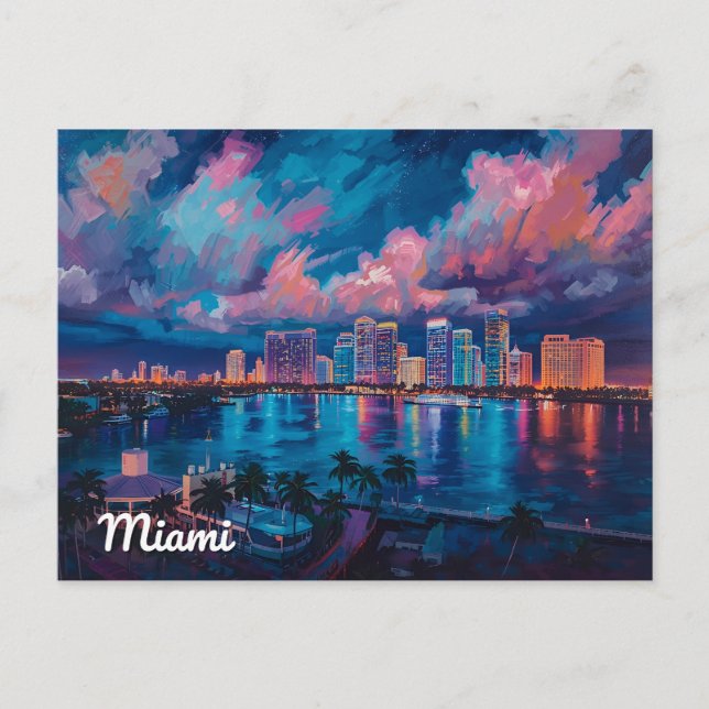 Vibrant Miami Skyline at Dusk Postcard (Front)