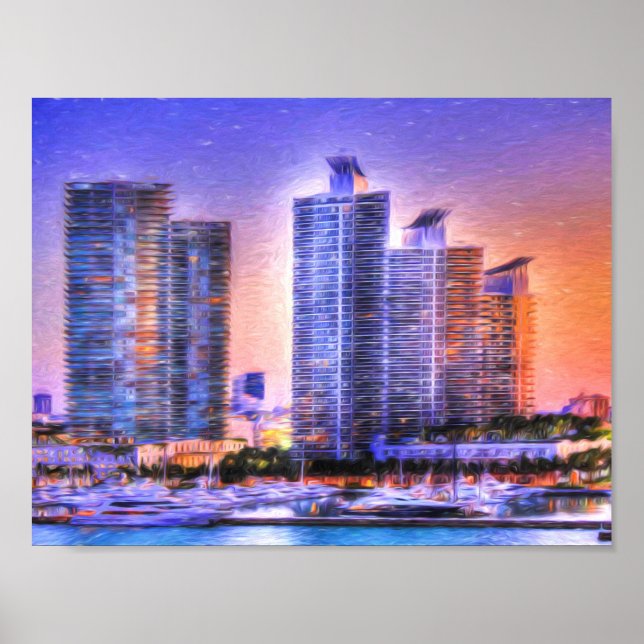 Vibrant Miami Skyline Sunrise Poster (Front)