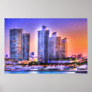 Vibrant Miami Skyline Sunrise Poster