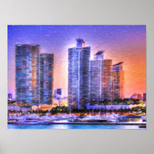 Vibrant Miami Skyline Sunrise Poster