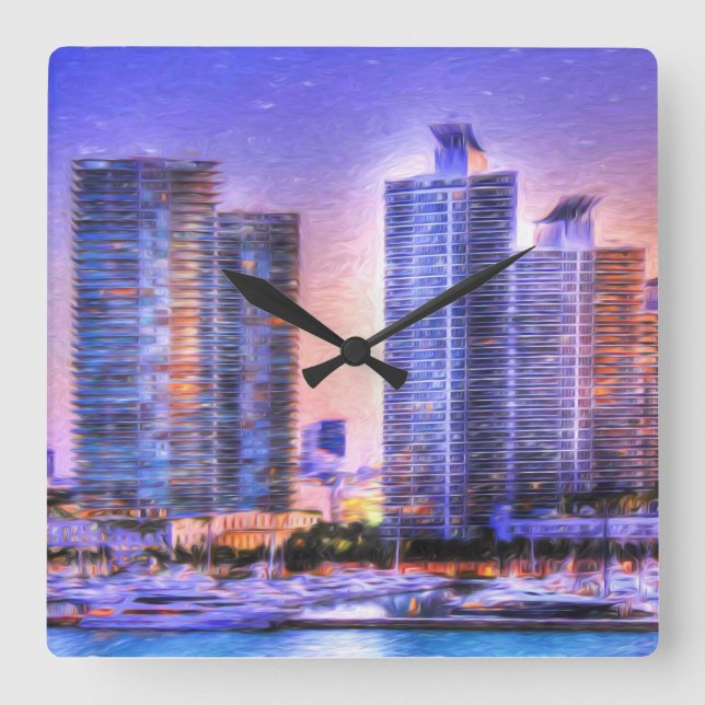 Vibrant Miami Skyline Sunrise Square Wall Clock (Front)