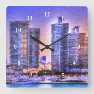Vibrant Miami Skyline Sunrise Square Wall Clock