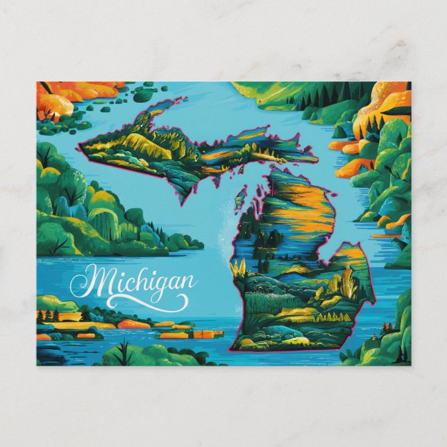 Vibrant Michigan Map Art Postcard (Front)