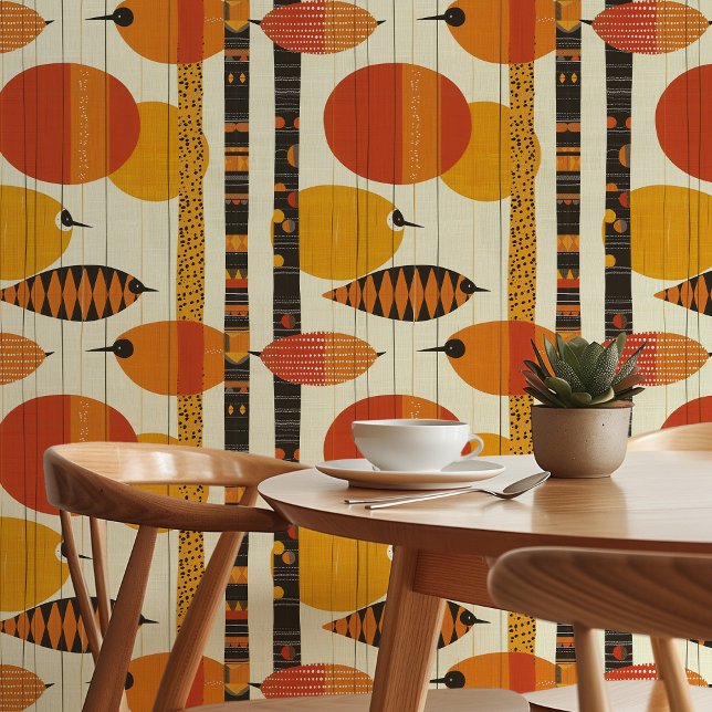 Vibrant Mid-Century Modern Bird Pattern Retro Wallpaper (Creator Uploaded)