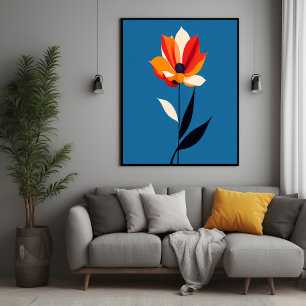 Vibrant Minimalist Flower on Blue Art Poster