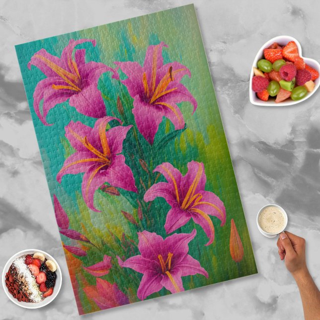 Vibrant Modern Art Pink Lilies Oil Painting Jigsaw Puzzle (Creator Uploaded)