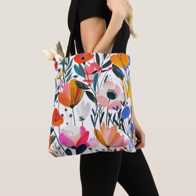 Vibrant Modern Floral Pattern Colourful Botanical  Tote Bag (Close Up)