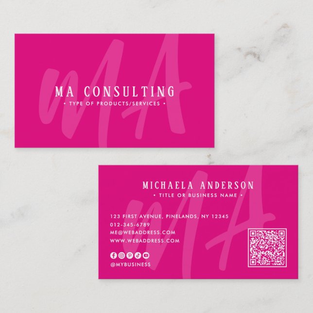 Vibrant Modern Monogram QR Code & Socials Business Card (Front/Back)