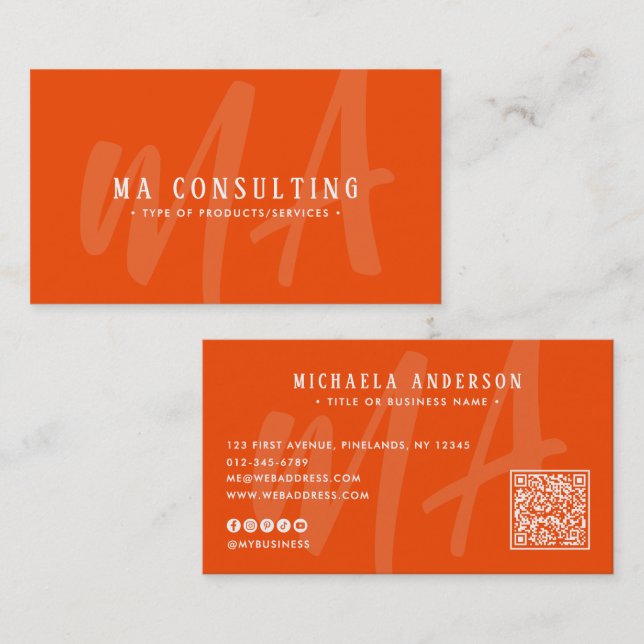 Vibrant Modern Monogram QR Code & Socials Business Card (Front/Back)