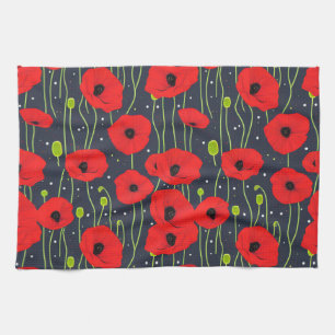 Vibrant Modern Red Poppies Pattern Art Tea Towel