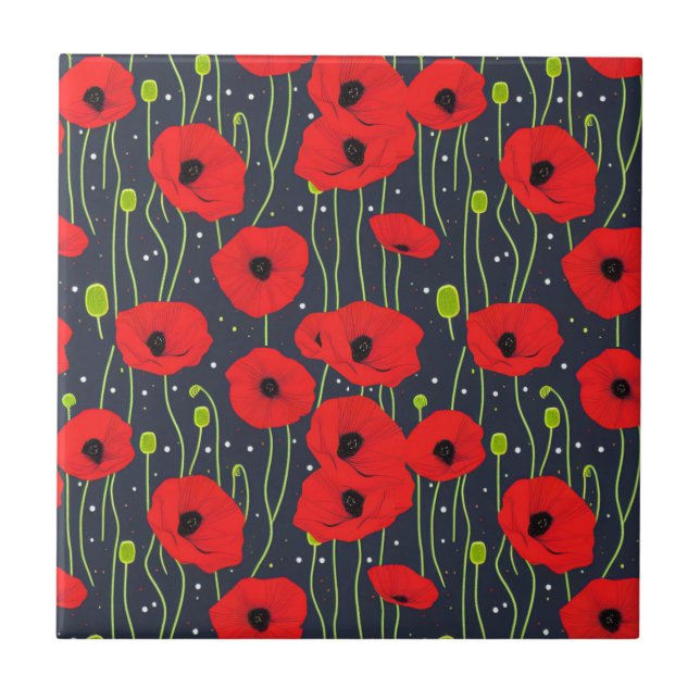 Vibrant Modern Red Poppies Pattern Art Tile (Front)