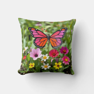 Vibrant Monarch Butterfly Garden Scene Cushion