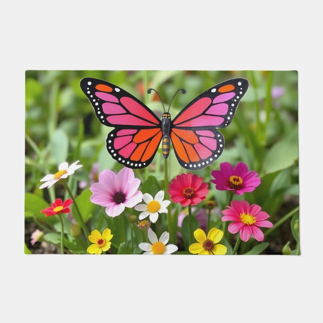 Vibrant Monarch Butterfly Garden Scene Doormat (Front)