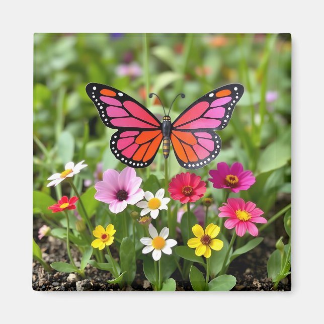 Vibrant Monarch Butterfly Garden Scene Magnet (Front)