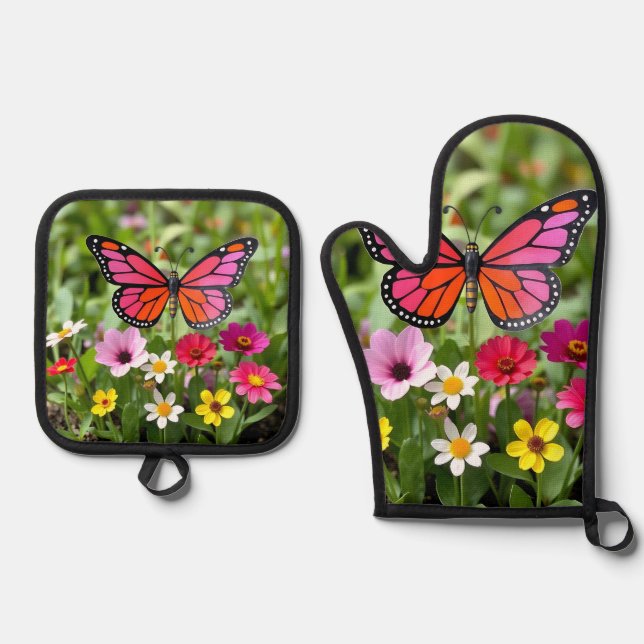 Vibrant Monarch Butterfly Garden Scene Oven Mitt & Pot Holder Set (Front)
