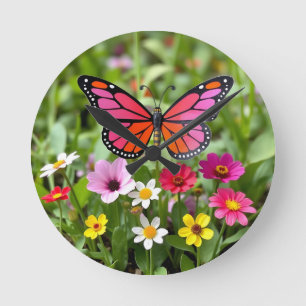 Vibrant Monarch Butterfly Garden Scene Round Clock