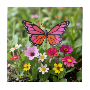 Vibrant Monarch Butterfly Garden Scene Tile
