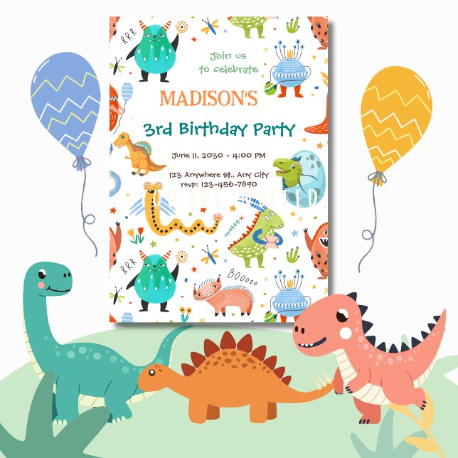 Vibrant Monster & Dinosaur 3rd Birthday Party  Invitation (Creator Uploaded)