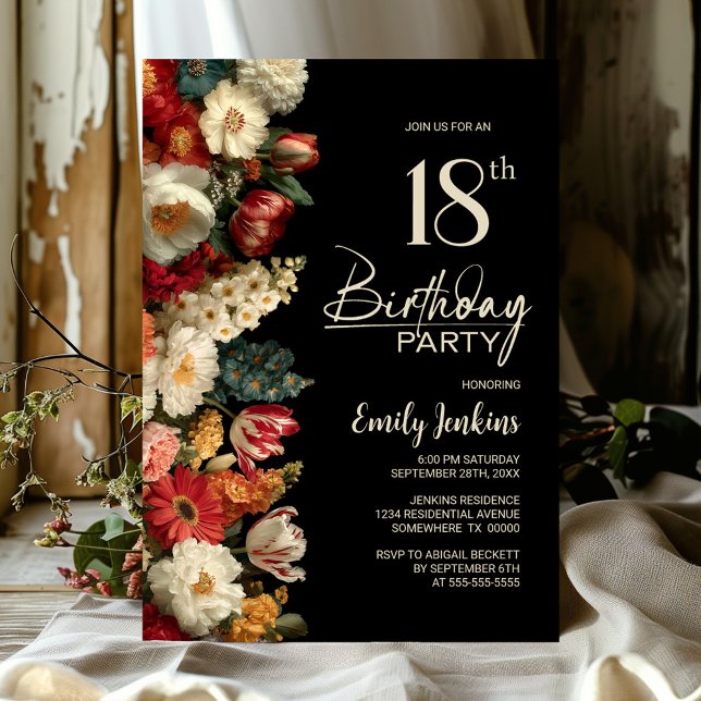 Vibrant Moody Floral Black 18th Birthday Party Invitation (Creator Uploaded)