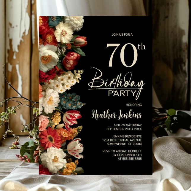 Vibrant Moody Floral Black 70th Birthday Party Invitation (Creator Uploaded)