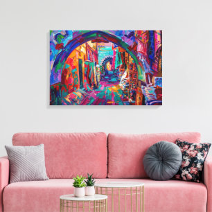 Vibrant Moroccan Medina Alleyway Oil Painting Canvas Print