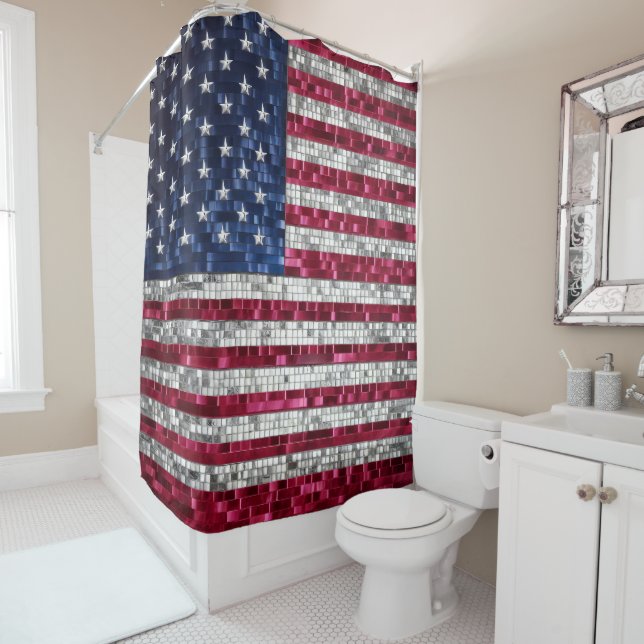 Vibrant Mosaic American Flag Stained Glass Shower Curtain (In Situ)