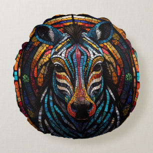 Vibrant Mosaic Zebra Round Cushion
