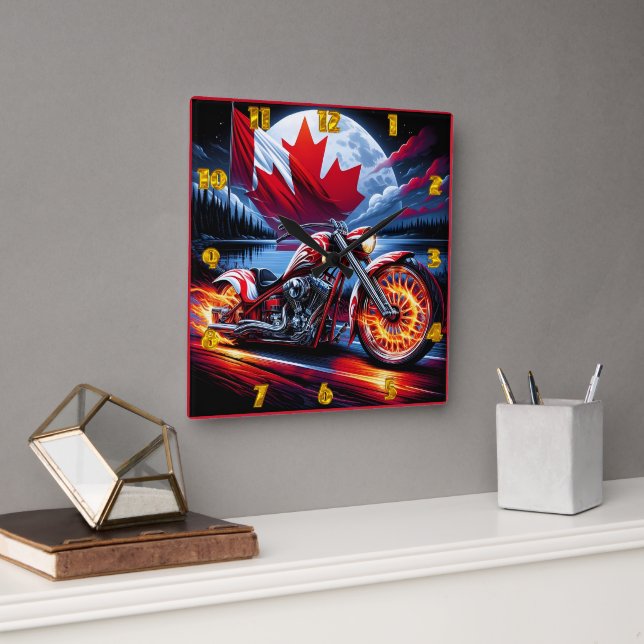 Vibrant motorcycle with Canadian flag near a lake Square Wall Clock (Office)
