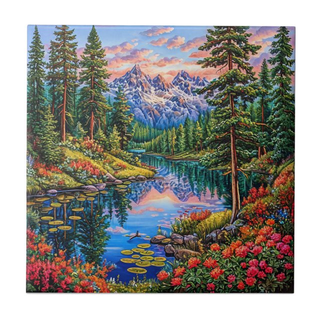 Vibrant Mountain Landscape with Reflection Tile (Front)