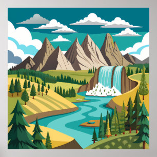 Vibrant Mountain Landscape with Waterfall and Rive Poster