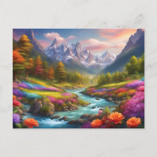 Vibrant Mountain River Landscape Illustration  Postcard
