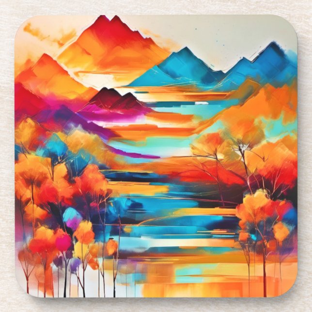 Vibrant Mountain Sunset Painting Coaster (Front)